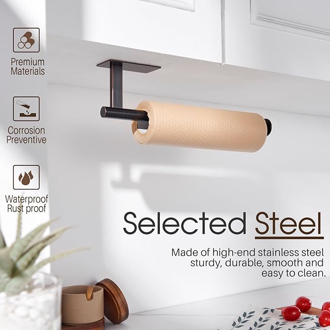 KOKOSIRI Paper Towel Holder Self-Adhesive Bar Under Cabinet, No Drilling for Kitchen Towel Oil Rubbed Bronze Stainless Steel Wall Mounted Rack, B3013ORB