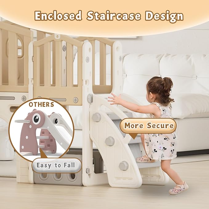 KORIMEFA 8 in 1 Toddler Slide Set, Kids Slide for Toddlers Age 1-3, Toddler Climber PlaySet with Basketball Hoop and Ball, Outdoor Indoor Kids Playground for Toddlers 1-3, Beige