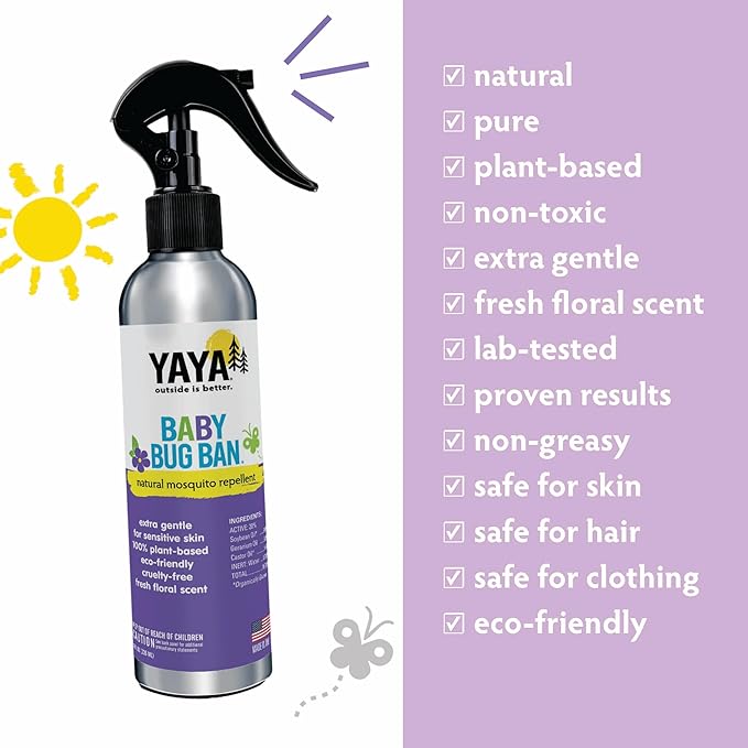 YAYA ORGANICS Baby Bug Ban – Natural, Proven Effective Mosquito Repellent for Babies, Kids and Sensitive Skin (8 Ounce Spray)