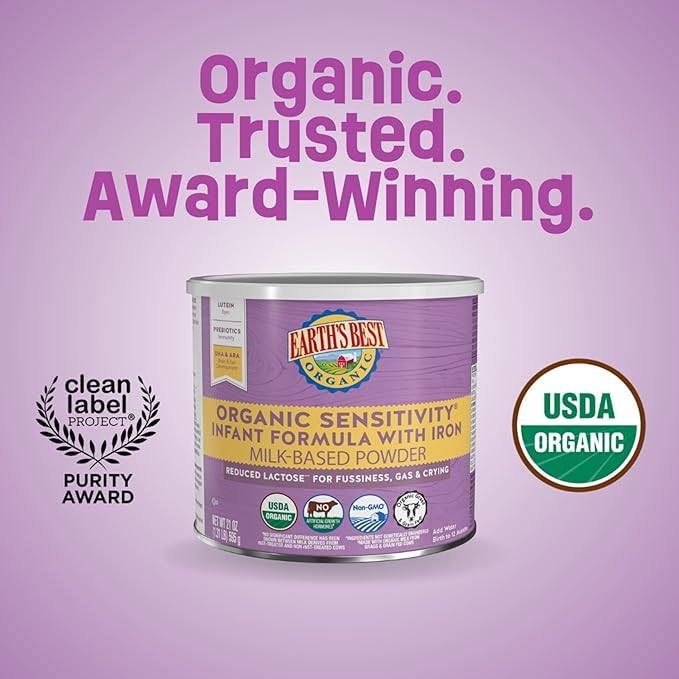 Earth's Best Organic Sensitivity Infant Formula, Babies 0-12 Months, Reduced Lactose, Iron, Omega-3 DHA, Omega-6 ARA, Organic Baby Formula, 21 Ounce Container
