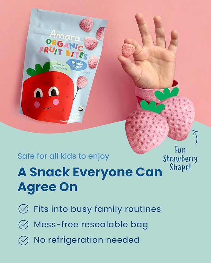 Amara Organic Fruit Bites Sweet Strawberry - No Added Sugar, Dairy-Free, Nut-Free Organic Fruit Snacks, Made with Organic Whole Foods, Allergy-Friendly Healthy Fruit Snacks for Kids - 21g 6PK