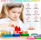 Wooden Sorting & Stacking Toys, Montessori Toys for 1 2 3 Years Old Toddlers, Shape Sorter Puzzles with 24-Piece Large Geometric Blocks & 12 Word Cards, Gift for 12+ Months Baby Boys Girls