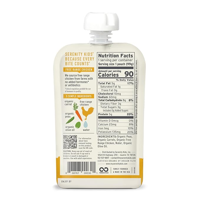 Serenity Kids 6+ Months Baby Food Pouches Puree Made With Ethically Sourced Meats & Organic Veggies | 3.5 Ounce BPA-Free Pouch | Free Range Chicken, Pea, Carrot | 1 Count