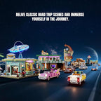 Interstellar-Diner Lighting-Building-Bricks City Set - 2188 Pcs Road UFO Drive-in Restaurant Modular Collection LED Light Space Car Restaurant Set for Adults and Travelling Enthusiasts