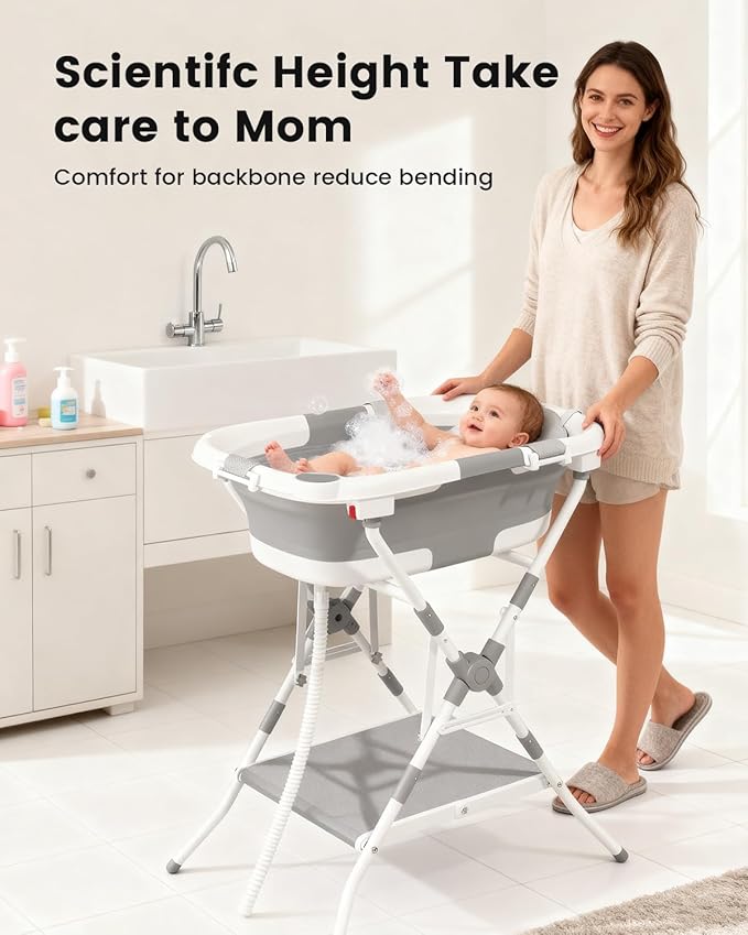 Baby Bathtub with Stand, 2-in-1 Collapsible Bath Tubs for Newborn to Toddler, Infant Bathtub with Folding Stand, Portable Bathtub for Baby Including Soft Cushion, Storage Pad