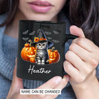 Customized American Shorthair Wearing Witch Hat Cup, Personalized Name American Shorthair Coffee Mugs, Cat with Pumpkins Ceramic Cups, Cat Halloween Black Mug 11oz 15oz, Gift for Halloween
