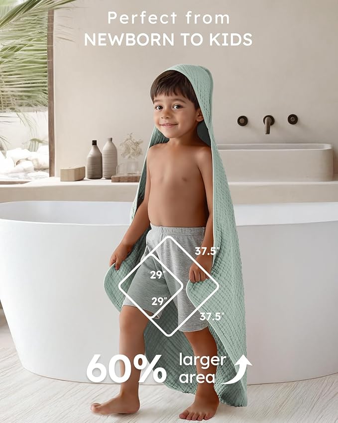 Yoofoss Hooded Baby Towels for Newborn 2 Pack 100% Muslin Organic Cotton Baby Bath Towel with Hood for Babies, Infant, Toddler and Kids, 37.5"x37.5", Soft and Absorbent Newborn Essential,Blue&Green