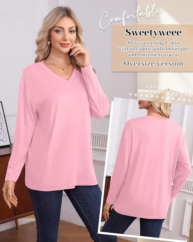 3 Pack Women's Oversize Nursing Shirts for Breastfeeding with Hidden Zippers Loose Fit Long Sleeve Maternity Tops