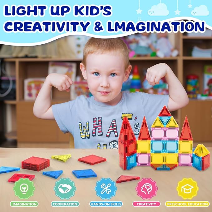Mini Magnetic Tiles for Kids, Magnetic Building Set, Construction STEM Travel Toys for Boy Girl Ages 3+, Montessori Preschool Learning Educational Sensory Magnet Creative Toy Gift for Toddlers, 32 Pcs