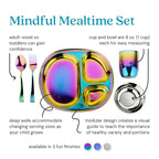 Ahimsa Stainless Steel Kids Dinnerware Set - 5 Piece Stainless Steel Toddler Plates and Bowls Set, Pediatrician Designed, Non Toxic Toddler Plate and Bowl, Kids Utensils and Cup (Rainbow)