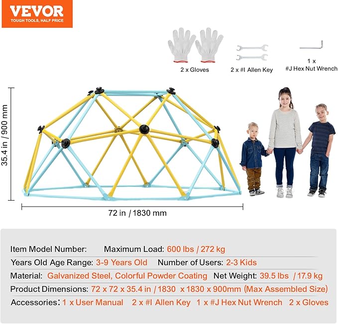 VEVOR Climbing Dome, 6FT Jungle Gym for Kids 3 to 9 Years Old, Geometric Dome Climber Play Center Supports 600LBS and Easy Assembly, with Climbing Grip, Outdoor and Indoor Play Equipment for Kids