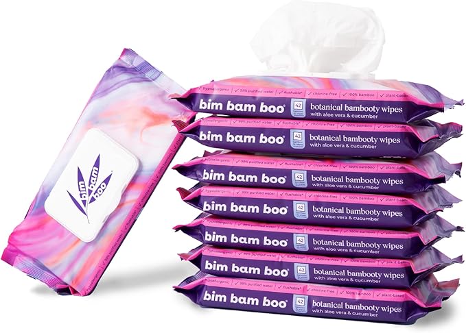 Bim Bam Boo | Flushable Wet Wipes | 100% Plant Based | Extra-Large Size Durable Bamboo | Body Safe, Smooth on Skin, Hypoallergenic | 42 Wipes Per Pouch - 8 Pouches | 366 Total Wipes