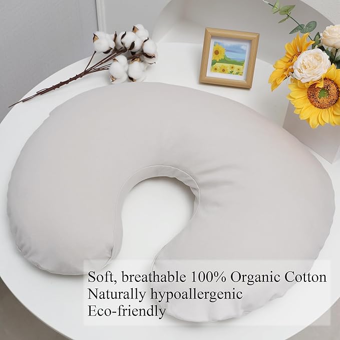 Onacosht 100% Organic Cotton Nursing Pillow Cover Soft Breathable Jersey Feeding Pillow Slipcover Fits Standard Infant Nursing Pillow for Baby Boy and Girl, Fog