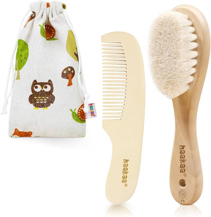 haakaa Baby Hair Brush and Comb Set for Newborns & Toddlers - Natural Soft Wool Bristles and Wooden Handle, Gently Grooms Baby's Hair, Ideal for Cradle Cap, Perfect Baby Gift, 2pk