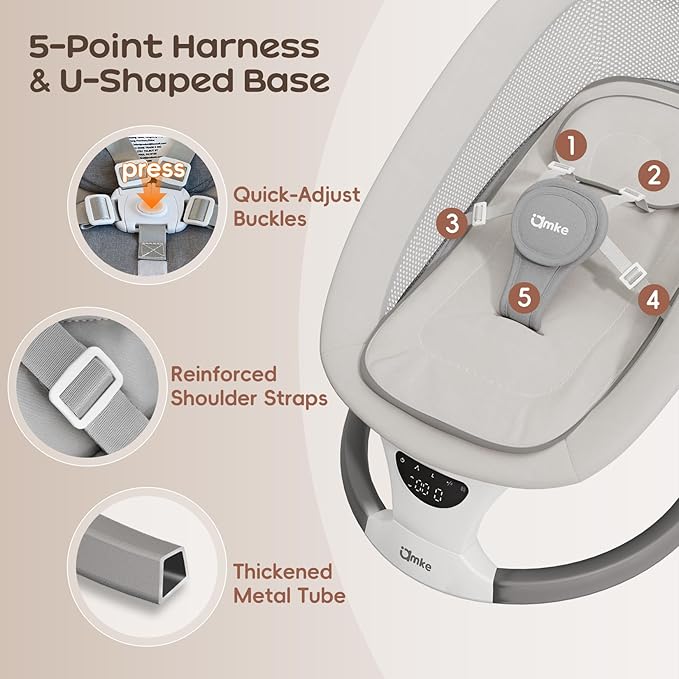 AMKE Baby Swing for Infants with Spacious & Breathable Mesh Seat - 5-Point Harness, Portable Swing Rocker, 5 Sway Speeds & 3 Timer, 12 Lullabies for Newborn Max 20 Lbs