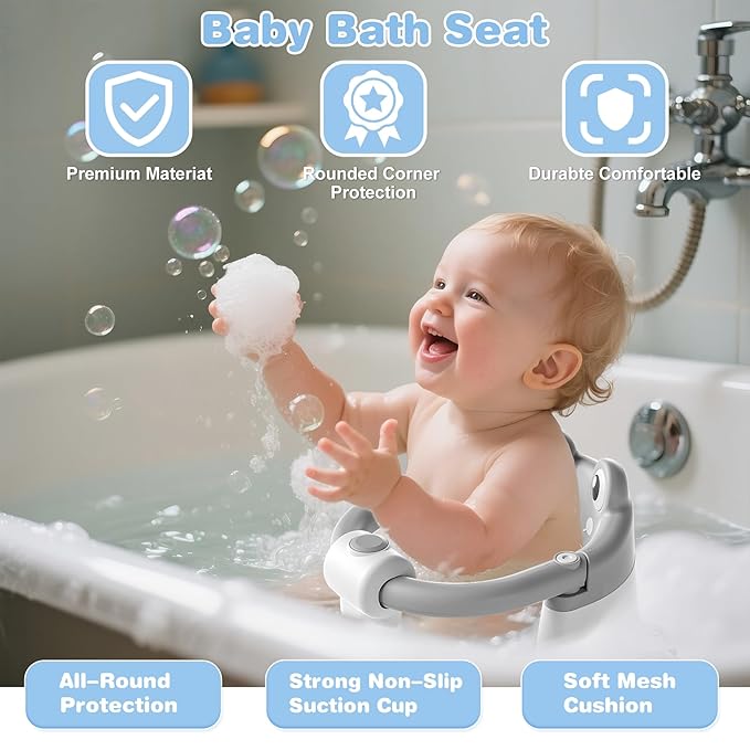 Baby Bath Seat for Babies 6 Months & up Non-Slip Toddler Bath Seats for Sitting Up Infant Bathtub Chair with Suction Cups and Soft Cushion for Baby Shower Tub Seat
