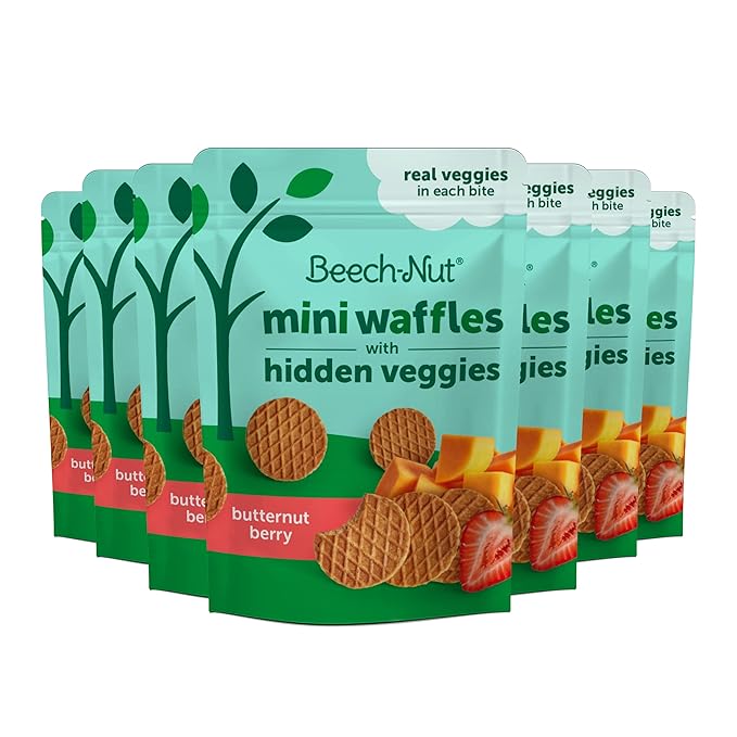 Beech-Nut Toddler Snacks, Mini Waffles with Hidden Veggies, Butternut Berry, Non-GMO, 3.2 oz Bag (7 Pack)