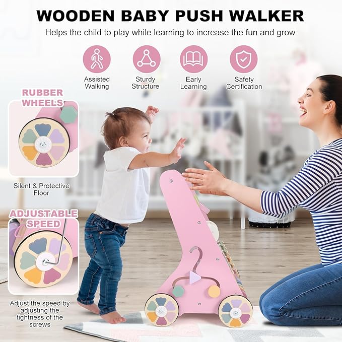 Wooden Baby Walker Wheels,Baby Push Walker for Babies 12 Months+ Montessori,Toddler Walker Push Toy Wooden Activity Walker for Boy,Walking Toys12 Months+ Learning to Walk