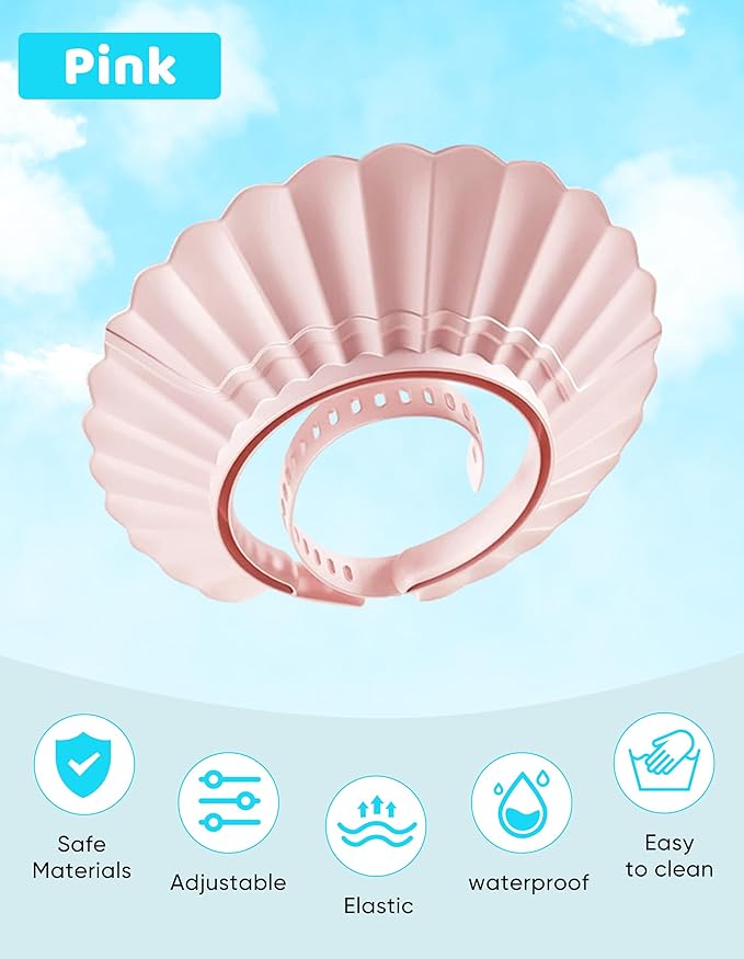 Kids Shower Cap, Baby Hair Washing Shield, Bath Visor for Toddlers, Bathing Head Face Eye Ear Protector, Air Cushioned Shampoo Caps with 20-Size Adjustment for 6Month+ to Adult (Pink)