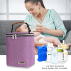 Breast Milk Cooler Bag with Ice Pack Fits 4 Baby Bottles Up to 9 Ounce, Baby Bottle Bag Great for Nursing Mom Daycare, Purple