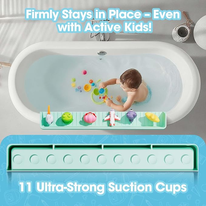 Bathtub Splash Guard for Kids - 31.4 Inch Extra Wide Bath Splash Barrier with 11 Strong Suction Cups, Flexible Silicone Tub Ledge Organizer to Keep Bathroom Floor Dry(Green)