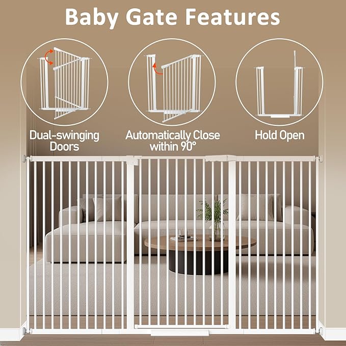 WAOWAO 40.55" Extra Tall 1.37" Ultra Narrow Spacing 53.74-61.61" Extra Wide Dogs Pets Baby Gate Safety Indoor Puppy Pressure Mounted Gate No Drill White Metal for Stairs,Doorways,Kitchen,Hallway