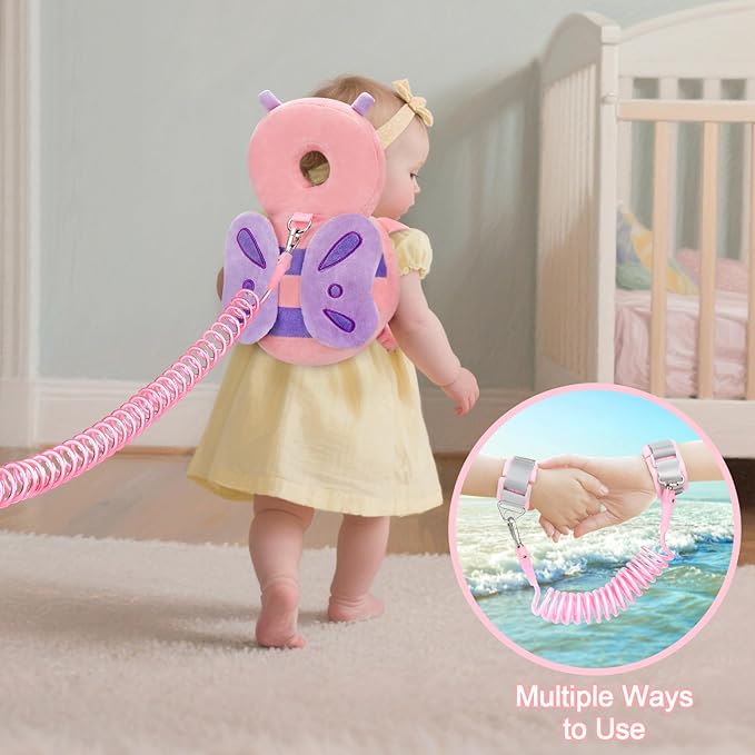 Baby Head Protection Backpack with Leash, Cute Toddler Protector Padded Pillow Carrier with Anti Lost Wrist Link for Crawling Walking, Butterfly Kid Harness Infant Cushion Pad for 6-18 Months Girls