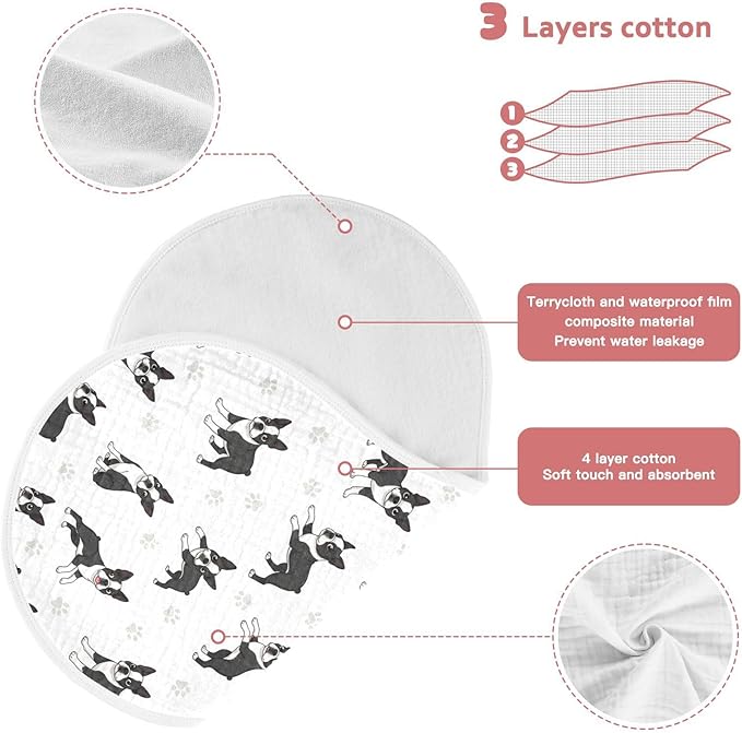 4 Pack Muslin Burp Cloths Boston Dogs Paw White Cotton Baby Burp Cloths Ultra Absorbent Soft Thick Burping Cloth for Newborn Babies 22x11 Inch