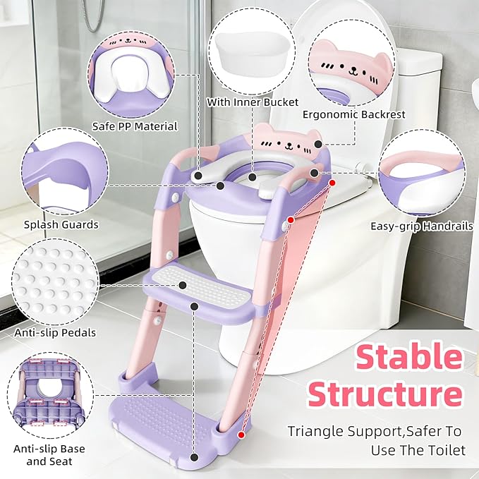Potty Training Seat, Upgrade Toddler Toilet Seat for Kids Boys Girls, 3 in 1 Potty Training Toilet with Step Stool Ladder-Non Slip Foldable (Purple+Pink)