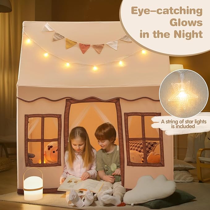 INFANS Kids Play Tent with Washable Mat Star Light Windows, Anti-Trip Large Playhouse Toys for Children Boys Girls, Indoor Outdoor Princess Tents Castle for Toddlers (Beige)
