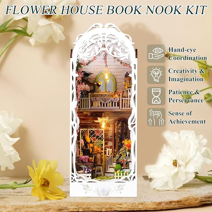 TuKIIE DIY Book Nook Miniature Kit, Booknook Dollhouse Bookshelf Insert with Sensor Light & Dust Proof, Wooden Decorative Bookend Stand Model Kits for Kids Teens Adults(Flower House)