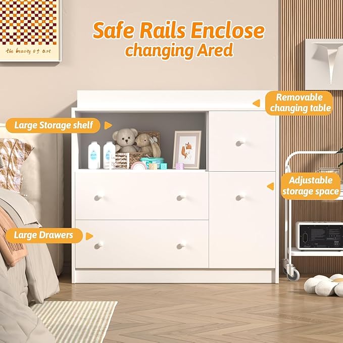 Baby Changing Dresser with Large Tabletop, 3 Drawers, Open Storage Space, and Open Storage Shelf – Ideal Changing Table for Nurseries and Baby Rooms