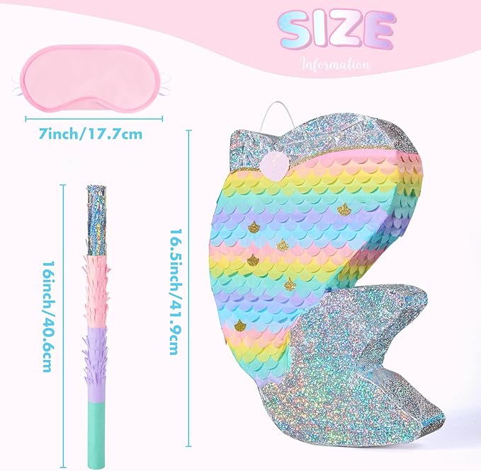 WERNNSAI Dolphin Piñata for Girls - Mermaid Princess Birthday Decorations Dolphin Pinata for Kids Under the Sea Girl Party Game Supplies with Blindfold and Bat (12.5" x 16.5" x 3")