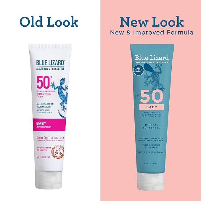 Blue Lizard BABY Mineral Sunscreen with Zinc Oxide, SPF 50+, Water Resistant, UVA/UVB Protection with Smart Cap Technology - Fragrance Free, 5 oz. Tube