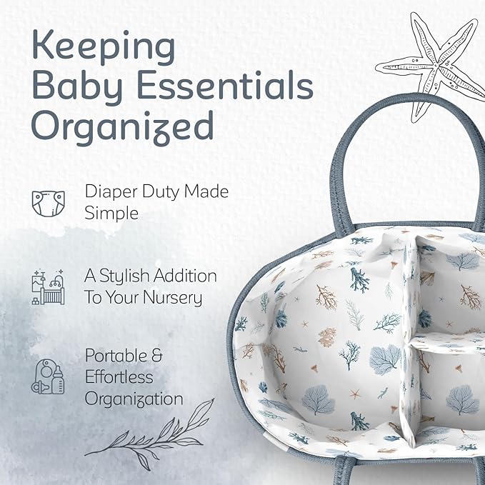 KiddyCare Diaper Caddy Organizer for Baby Nursery Basket with Handle Lid | Nursing bag with Changing Table Organizer Cart | Newborn Caddy | Blue PTRN X-Large