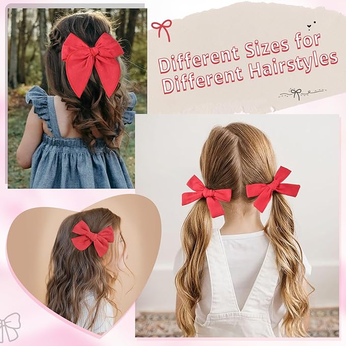DEEKA 4 PCS Red Cotton Linen Hair Bows 3 Styles 5" & 4" Handmade Hair Bow set for Toddler Girls Alligator Hair Clips Knot Bows Hair Accessories for Little School Girls (Red)