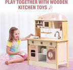 ROBOTIME Wooden Play Kitchen Set, Pretend Play Kitchen Set for Kids with Realistic Design, Kids & Toddlers Kitchen Playset with Dishwasher, Toy Kitchen Set for Boys and Girls Ages 3+ (Pink)