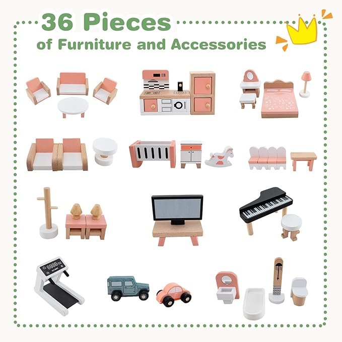 Costzon Wooden Dollhouse for Kids, 3-Story Luxury Doll House with 36 Pieces Furniture Accessories, 7 Rooms, Stairs & Balcony, DIY Pretend Dollhouse Playset, Gift for Girls Toddlers Ages 3+ (Green)