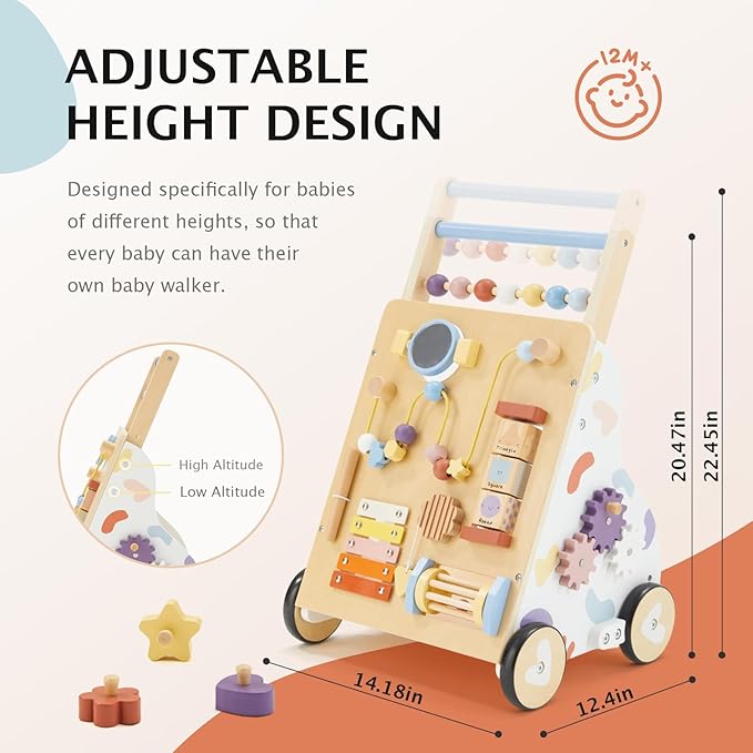Frogprin Wooden Baby Walker, Baby Push Walker, Montessori Walker Toy for Babies 12M+ Learning to Walk & Sit-to-Stand, Adjustable Speed Walkers for Boys, Baby Activity Center with Sensory Toy for Girls