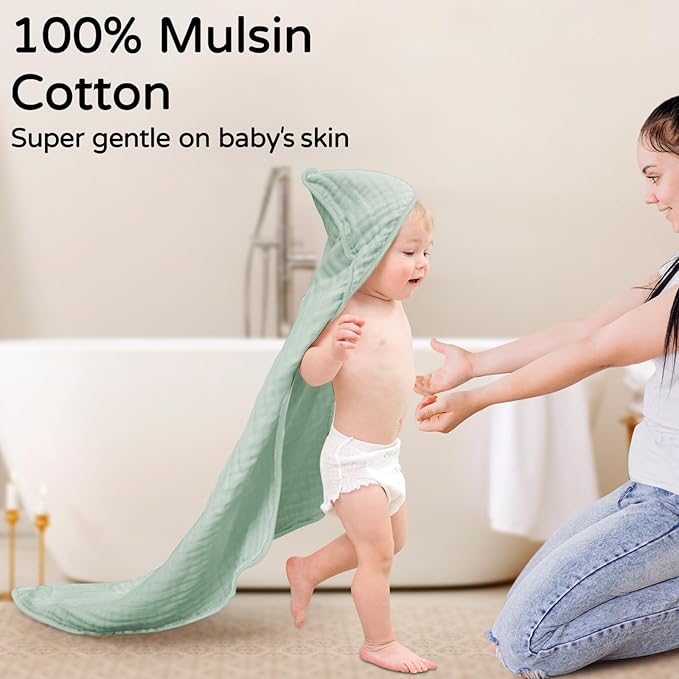 Yoofoss Hooded Baby Towels for Newborn 2 Pack 100% Muslin Organic Cotton Baby Bath Towel with Hood for Babies, Infant, Toddler and Kids, 32x32Inch, Soft and Absorbent Newborn Essential,Apricot&Green