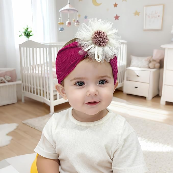Baby Girls Sunflower Headbands, 3 Pack Baby Hairband Hair Bows Lace and Stretchy Elastic Accessory for Newborn Infants Toddlers (Burgundy+Yellow+White, One Size(Stretchy))