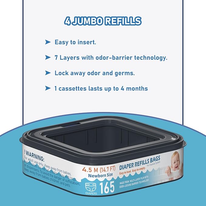 Square Starter Refills Disposal Bags Refill Compatible with Diaper Genie Classic, Compact and Select Pails, Hold Up to 165 Newborn-Sized Diapers Per Refill, 6 Pack