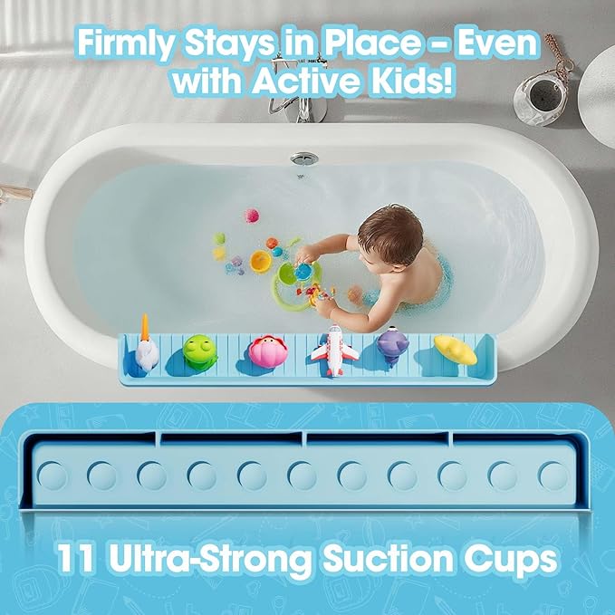 Bathtub Splash Guard for Kids - 31.4 Inch Extra Wide Bath Splash Barrier with 11 Strong Suction Cups, Flexible Silicone Tub Ledge Organizer to Keep Bathroom Floor Dry(Blue)