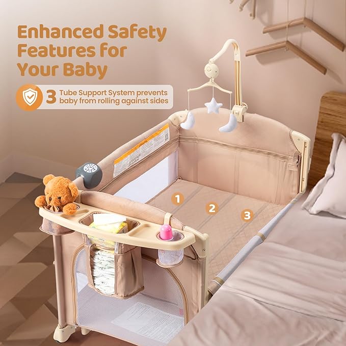 JOYMOR 9 in 1 Bedside Bassinet with Changing Table, Pack and Play with Bassinet, Convert to Rocking Baby Bed with Electric Music Center, Mosquito Net, Storage, Beige