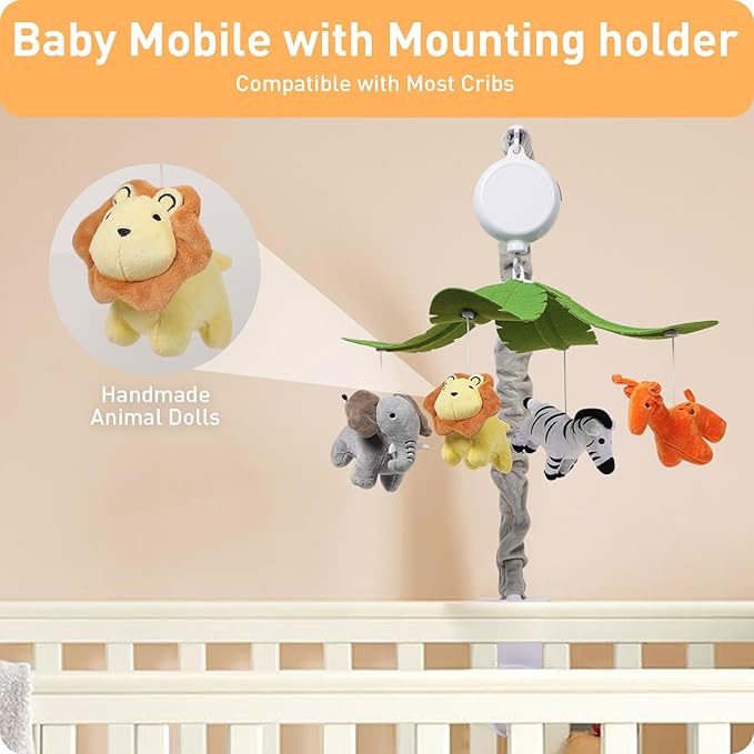 Baby Crib Mobile - Jungle Animal Mobile for Crib Nursery Musical Mobile Gender Neutral for Boys and Girls with 12 Lullabies Ceiling Mobile Presents for Newborn