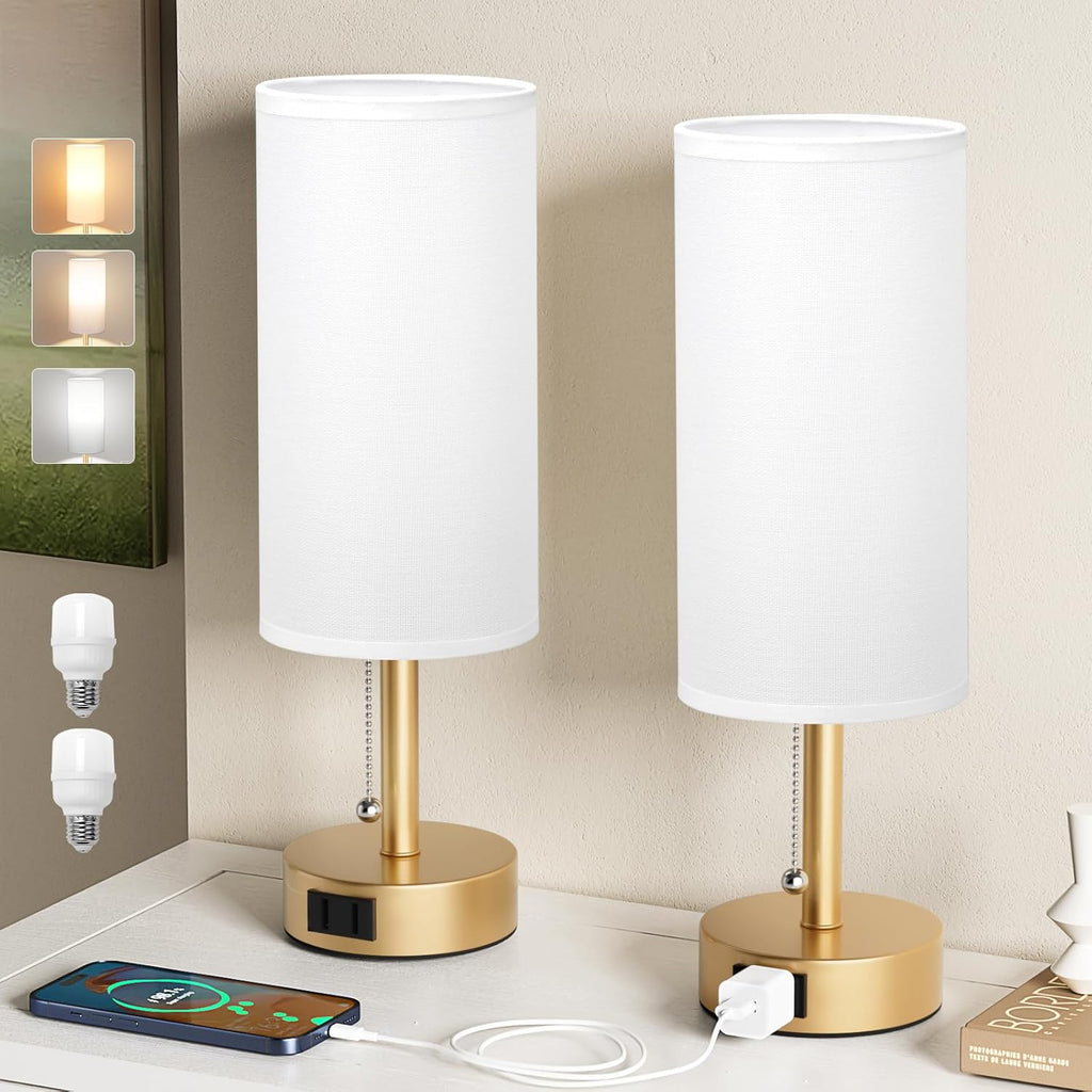 Gold Bedside Table Lamps Set of 2-3 Color Temperatures Pull Chain Lamp with AC Outlet Charging Port, Two Round Night Stand Lamps for Bedroom Office Living Room