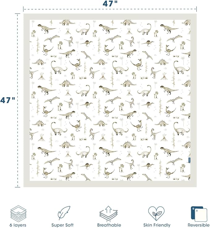 GRSSDER Cotton Muslin Quilt Blanket - Silky Soft and Breathable Baby Blanket Quilt, Oversized Muslin Blankets for Newborns, Toddlers & Kids, 6 Layers Reversible Design for All Seasons, 47" x 47"