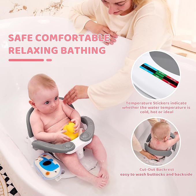 Baby Bath Seat for Babies 6 Months & Up Sitting Up,Infant Bath Seat with Temperature Alert+Open Backrest+on/Off Armrest,Toddler Bath seat Baby Bath Chair for Bathtub,Tub,Sink Pink