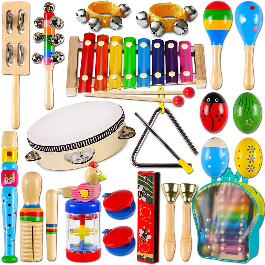 LOOIKOOS Toddler Musical Instruments,Wooden Percussion Instruments Toy for Kids Baby Preschool Educational Musical Toys Set for Boys and Girls with Storage Bag