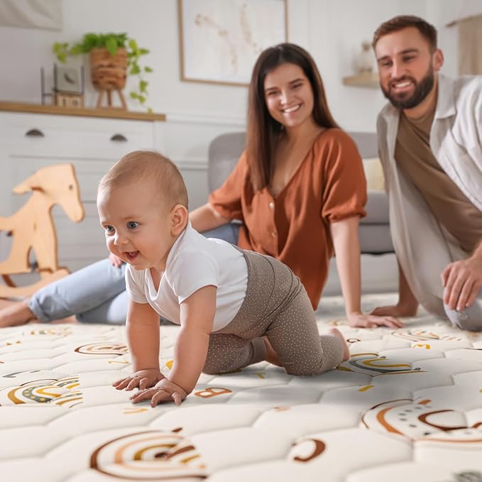 Boho Rainbow Baby Play Mat 50" X 50" Playpen Mat Thicken One-Piece Baby Crawling Mat Non-Slip Cushioned Baby Floor Mat with Lettters, Activity Playmats for Infants, Babies, Toddlers (50X50,Beige)